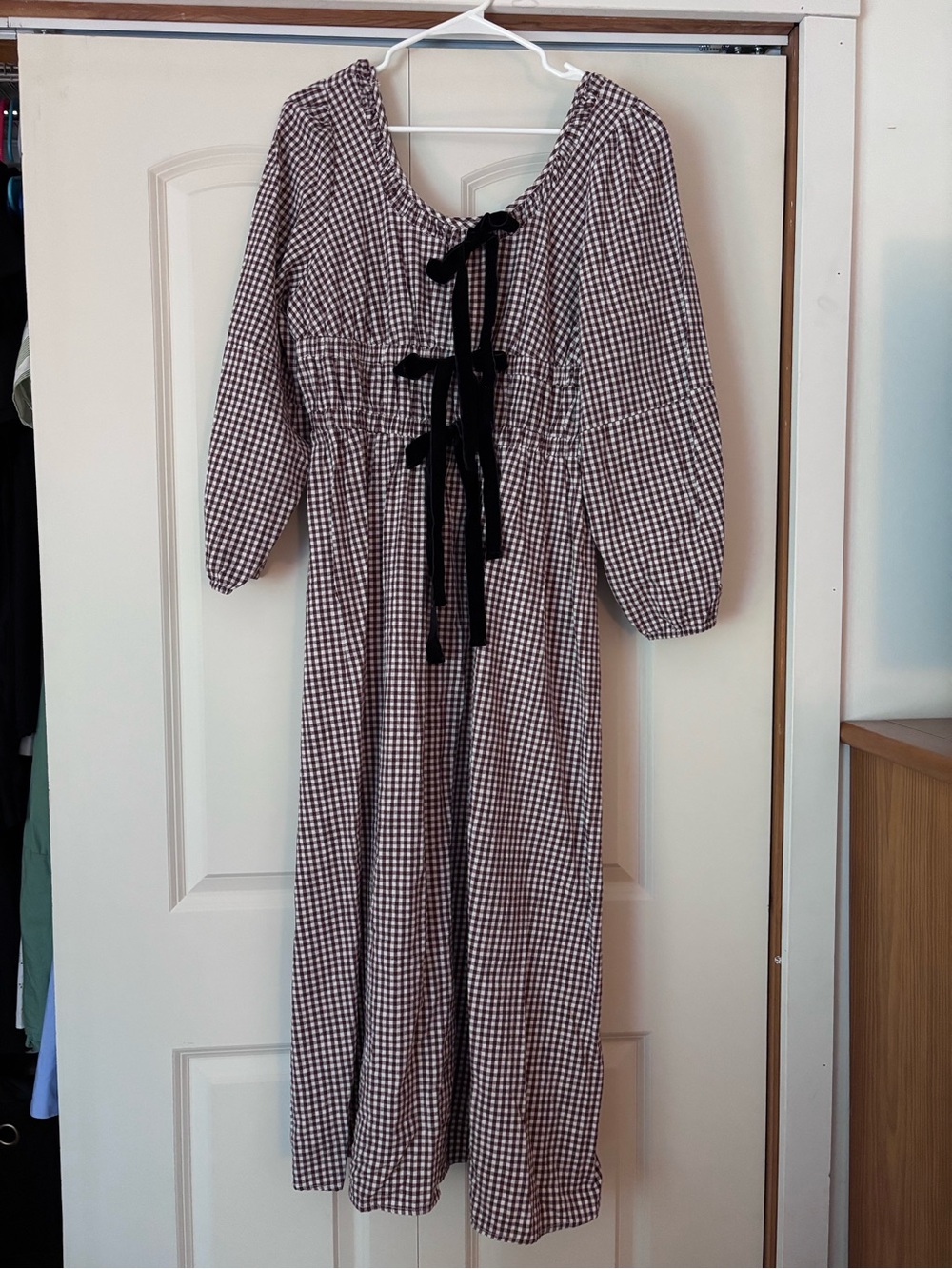 Gingham Tie-Front Maxi Dress in Brown & White